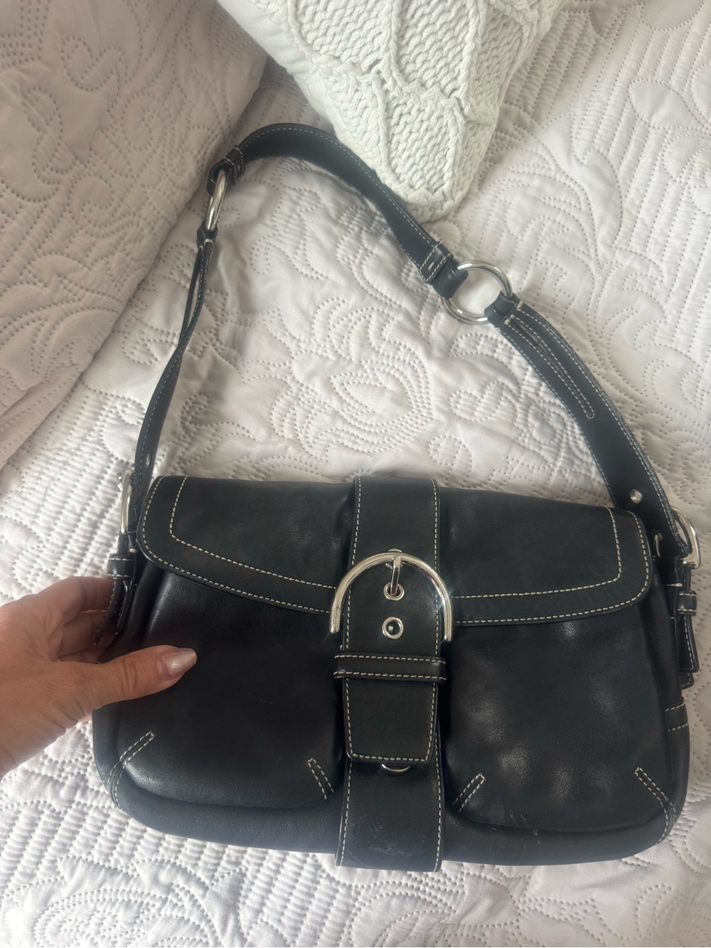 Coach Black Leather Shoulder Bag with Silver Buckle